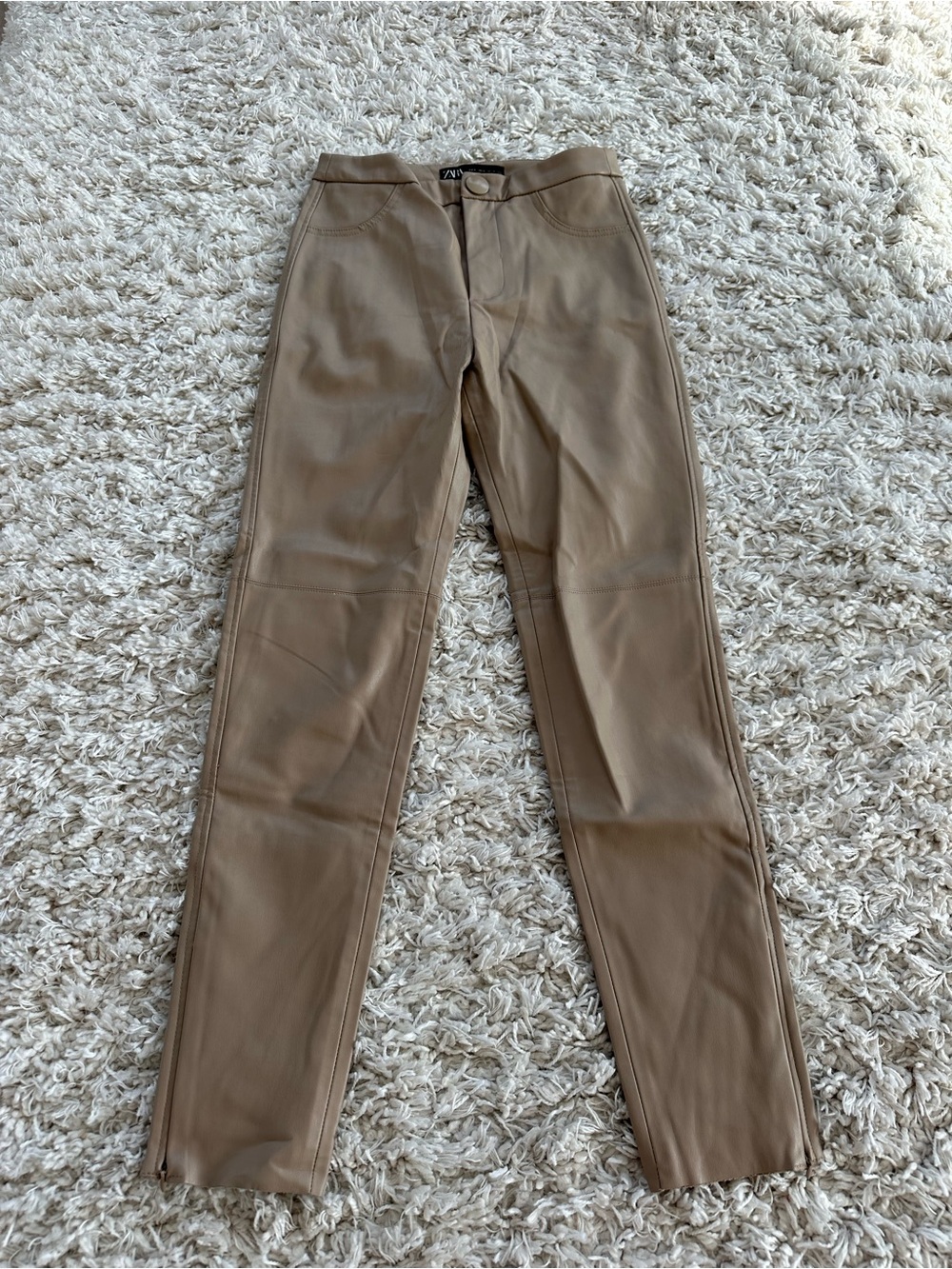 Zara Womens Tan Faux-Leather Chinos